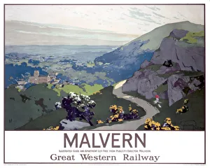 <b class=qtipBold><figcaption>'Malvern', GWR poster, 1923-1947</figcaption></b><br>Great Western Railway poster showing Malvern from the Malvern Hills. Artwork by Graham Petrie.<br><em>© NRM/Pictorial Collection</em> 'Malvern', GWR poster, 1923-1947
