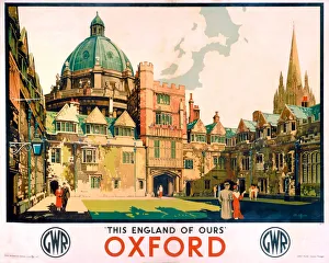 <b class=qtipBold><figcaption>'Oxford', GWR poster, 1923-1947</figcaption></b><br>Poster produced for Great Western Railway (GWR) to promote rail travel to Oxford. The poster shows a view of the interior courtyard of one of the Oxford Colleges. Artwork by Claude Buckle (1905-1973), who originally trained as an architect, but later turned to pictorial art. He painted in both oil and watercolour and was a prolific poster artist for Great Western Railway (GWR) and BR. Much of his original poster artwork is held at the National Railway Museum. <br><em>© Please read our licence terms. All digital images must be destroyed unless otherwise agreed in writing.</em> 'Oxford', GWR poster, 1923-1947