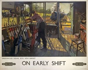 Design Gallery: Poster produced for British Railways (BR), showing a railway worker manually operating