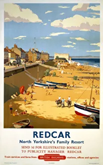 <b class=qtipBold><figcaption>'Redcar', BR poster, 1958</figcaption></b><br>Poster produced for British Railways (BR) to promote rail travel to Redcar, North Yorkshire. The poster shows a view of the seaside with the promenade, beach and some boats on the sand. Artwork by Frank Sherwin. <br><em>© Please read our licence terms. All digital images must be destroyed unless otherwise agreed in writing.</em> 'Redcar', BR poster, 1958