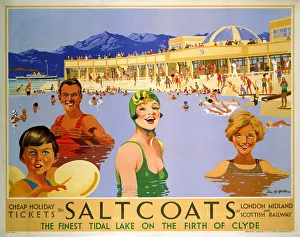 <b class=qtipBold><figcaption>'Saltcoats', LMS poster, 1935</figcaption></b><br>Poster produced for London, Midland & Scottish Railway (LMS) to promote cheap holiday tickets to Saltcoats, North Ayrshire, Scotland, 'The Finest Tidal Lake on the Firth of Clyde'. The poster shows some people in swimming costumes enjoying themselves in the water, with the resort thronged with people visible in the background. Artwork by Tom Gilfillan. <br><em>© Please read our licence terms. All digital images must be destroyed unless otherwise agreed in writing.</em> 'Saltcoats', LMS poster, 1935