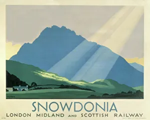 <b class=qtipBold><figcaption>Snowdonia', LMS poster, c 1933</figcaption></b><br>Poster produced for the London Midland & Scottish Railway (LMS) to promote rail travel to Snowdonia in Wales. In 1923 the LMS boasted in its booklet 'The Wonderland of Wales' that 'Snowdon and the Welsh Highlands are synonymous with scenery of ravishing beauty. Ancient story, sweet murmurs of mountain streams and soul stirring music of peasant people add to the delights of this romantic region as a holiday ground.' Artwork by Charles H Baker, who was born in Ilminster and educated at Berkhamstead School. He was Head of Research at the Huntington Library, California. He painted landscapes in oil and designed posters for LMS.<br><em>© NRM/Pictorial Collection</em> Snowdonia', LMS poster, c 1933