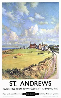 <b class=qtipBold><figcaption>'St Andrews', BR poster, 1957</figcaption></b><br>Poster produced for British Railways (BR) to promote rail travel to St Andrews, Fife, Scotland. The poster shows a view of the golfcourse with the Royal and Ancient Golf Club in the background. Artwork by James McIntosh Patrick. Dimensions: 1010 mm x 630mm. <br><em>© Please read our licence terms. All digital images must be destroyed unless otherwise agreed in writing.</em> 'St Andrews', BR poster, 1957