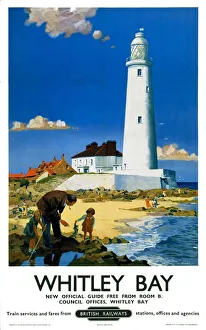 <b class=qtipBold><figcaption>'Whitley Bay', BR poster, 1951</figcaption></b><br>Poster produced for British Railways (BR) to promote train services to Whitley Bay, Tyne and Wear. Artwork by F Donald Blake.<br><em>© NRM/Pictorial Collection</em> 'Whitley Bay', BR poster, 1951
