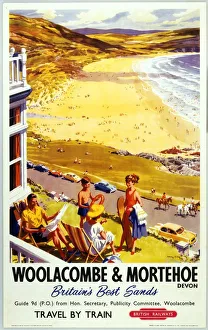 <b class=qtipBold><figcaption>'Woolacombe & Mortenhoe', 1960</figcaption></b><br>British Rail poster depicting a sunny view of a beach from a hotel balcony. A family gather in the foreground. Artwork by Harry Riley.<br><em>© NRM/Pictorial Collection</em> 'Woolacombe & Mortenhoe', 1960
