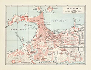 Colorful Gallery: City map of Alexandria, Egypt, lithograph, published in 1897