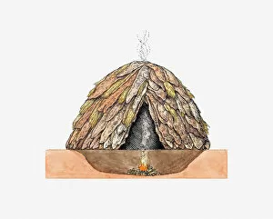Egypt Gallery: Cross section illustration of oval house made from animal skins with fire below ground