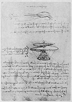 <b class=qtipBold><figcaption>Da Vinci Notebook</figcaption></b><br>Designs for an armoured car (top) and a 'helical air screw' - a helicopter-type flying machine, from the notebooks of Italian polymath Leonardo da Vinci (1452 - 1519), 1480. Leonardo wrote in a shorthand of his own devising and, if, as here, the text was not intended for others ro read, used mirror writing. (Photo by Hulton Archive/Getty Images) Leonardo da Vinci<br><em>© 2010 Getty Images</em> Da Vinci Notebook