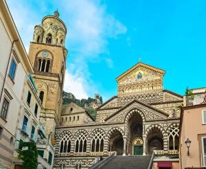 Duomo di Amalfi cathedral facade with bell tower, Amalfi, Italy