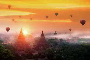 Built Collection: Hot air balloon over plain of Bagan in misty morning, Mandalay, Myanmar