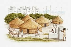 Animal Representation Collection: Illustration of ancient East African city of Axum showing people working marble in the foreground