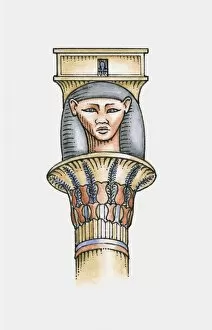 Ancient Egyptian Architecture Gallery: Illustration of ancient Egyptian capital depicting head of Hathor