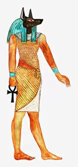 Ancient Egyptian Culture Gallery: Illustration of Ancient Egyptian god of the dead Anubis holding symbol of Anhk