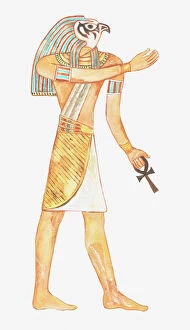 Ancient Egyptian Culture Collection: Illustration of ancient Egyptian god Horus holding key of life (ankh)