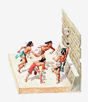 Four People Gallery: Illustration of Aztec game of Tlachtli on tlachco court
