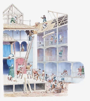 Illustration of Globe Theatre being built in Elizabethan times