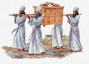 Four People Gallery: Illustration of four priests carrying the Ark of the Covenant and crossing the River Jordan
