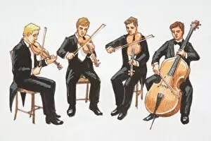 Musical Instrument Collection: Illustration, string quartet, four sitting men in tuxedos playing two violins, a viola and cello