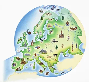 Tourist Attractions Gallery: Map of Europe with illustrations of famous landmarks and items associated with various countries