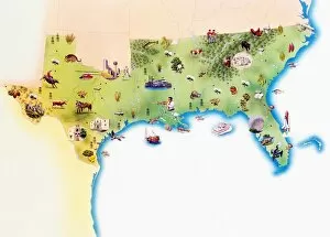 Tourist Attractions Gallery: Map of Southern United States of America, with illustrations of distinguishing features
