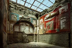 Archaeology Collection: Painted Murals And Frescoes Inside A Room At The Ancient Roman Ruins At Herculaneum (Ercolano)