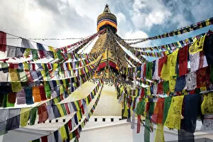 Shrine Gallery: Prayer flags with the Boudhanath Stupa in Kathmandu, Nepal