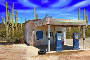 Station Collection: Retro Style Desert Scene with Old Gas Station and Saguaro Cactus