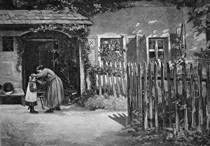 Fences Collection: Rural toilet, mother cleaning her child in the garden of the farm, garden fence, Germany, Historic