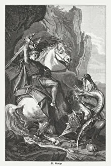 Dragon Collection: St Georges Battle with the Dragon, wood engraving, published 1882