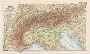 Lake Garda Collection: Topographic map of the European Alps, lithograph, published in 1897