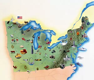 Tourist Attractions Gallery: USA, Northern States of America, map with illustrations showing distinguishing features