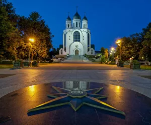 ussian Orthodox Cathedral of Christ the Saviour, in front star with geographic directions and relief of Kaliningrad 750