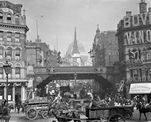 Fashion Gallery: London street scene. Busy horse - drawn traffic at Ludgate Hill, looking towards St