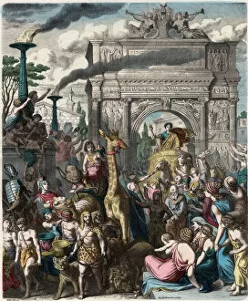 Triumphal Arch Collection: Ancient Rome: A triumphal procession in roman forum, 1866 (coloured engraving)