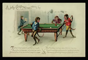 Enjoying Gallery: Cartoon of monkeys playing billiards, Christmas greetings card. (chromolitho)