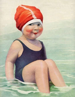 Beach Gallery: Child Wearing a Swim Cap Sitting in the Surf, 1922 (screen print)