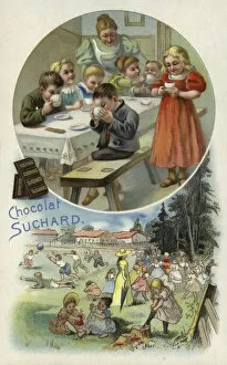 Enjoying Collection: Children enjoying Suchard chocolate at a nursery (chromolitho)