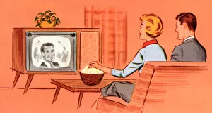 Enjoying Gallery: Couple Watching a Retro Television in Their Den, 1958 (screen print)
