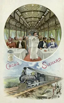 Enjoying Gallery: Drinking Suchard cocoa in the dining car of a train (chromolitho)