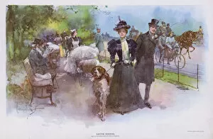 Enjoying Collection: Easter Morning: woman promenading with her pet dog (colour litho)