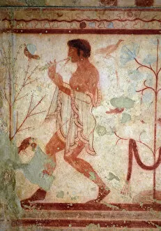 Musical Instrument Collection: Etruscan art: frescoes representing banquet scenes, detail representing a flute player