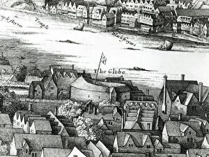 The First Globe Theatre or Rose Theatre (engraving) (b / w photo)