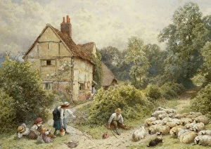 Farmstead Collection: Fowl House Farm, Witley, with Children, a Shepherd and a Flock of Sheep Nearby, (pencil