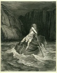 Image of Dante and Virgil in Inferno, crossing the cocytus, 1885 by Dore,  Gustave (1832-83)