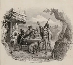 Enjoying Gallery: Hunters in the mountains enjoying a drink at a tavern (engraving)