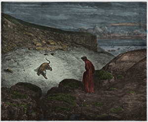 Inferno, Canto 8 : Virgil and Dante disembark at the citadel of Dis (Dite),  illustration from The Divine Comedy by Dante Alighieri, 1885 (digitally  coloured engraving)