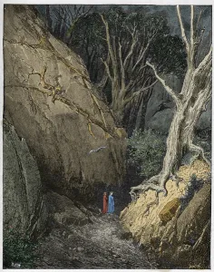 Inferno, Canto 8 : Virgil and Dante disembark at the citadel of Dis (Dite),  illustration from The Divine Comedy by Dante Alighieri, 1885 (digitally  coloured engraving)