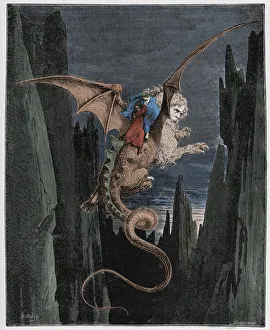 Inferno, Canto 8 : Virgil and Dante disembark at the citadel of Dis (Dite),  illustration from The Divine Comedy by Dante Alighieri, 1885 (digitally  coloured engraving)