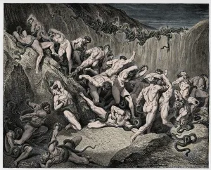 Inferno, Canto 8 : Virgil and Dante disembark at the citadel of Dis (Dite),  illustration from The Divine Comedy by Dante Alighieri, 1885 (digitally  coloured engraving)