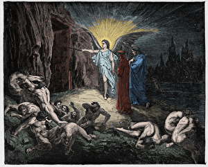 Inferno, Canto 8 : Virgil and Dante disembark at the citadel of Dis (Dite),  illustration from The Divine Comedy by Dante Alighieri, 1885 (digitally  coloured engraving)